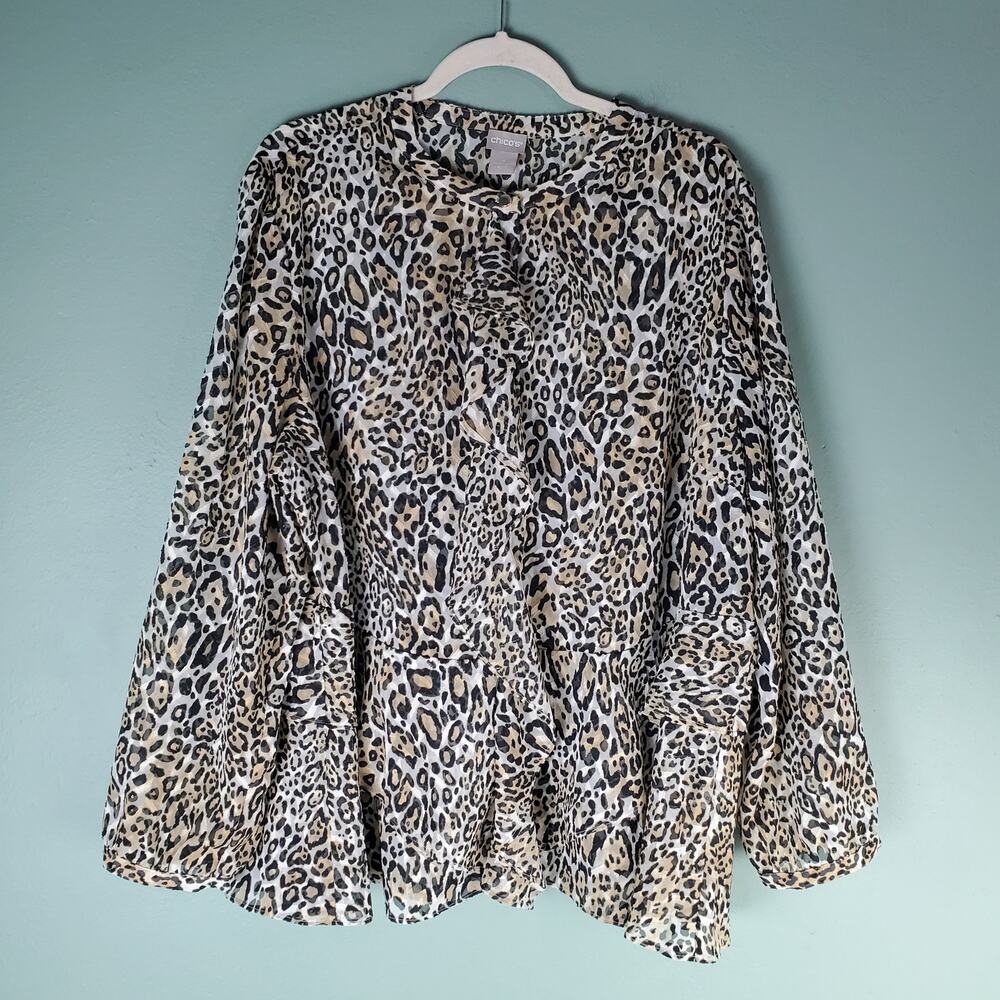 Chico's Womens Sheer Animal Print Ruffle Long Sleeve Blouse Top Size 4 XXL